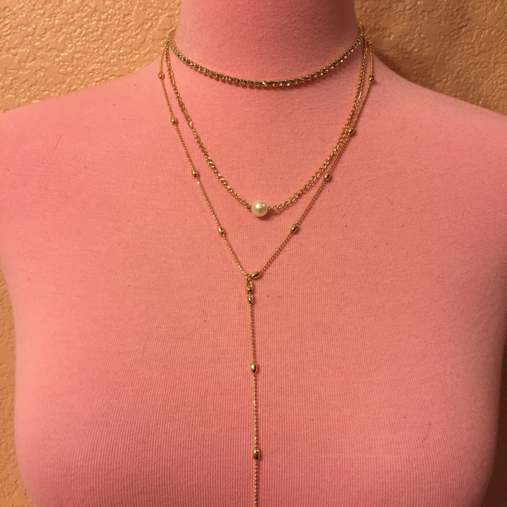 🎀 Lovely Boho triple layered ball chain faux pearl tassel choker - Picture 4 of 7